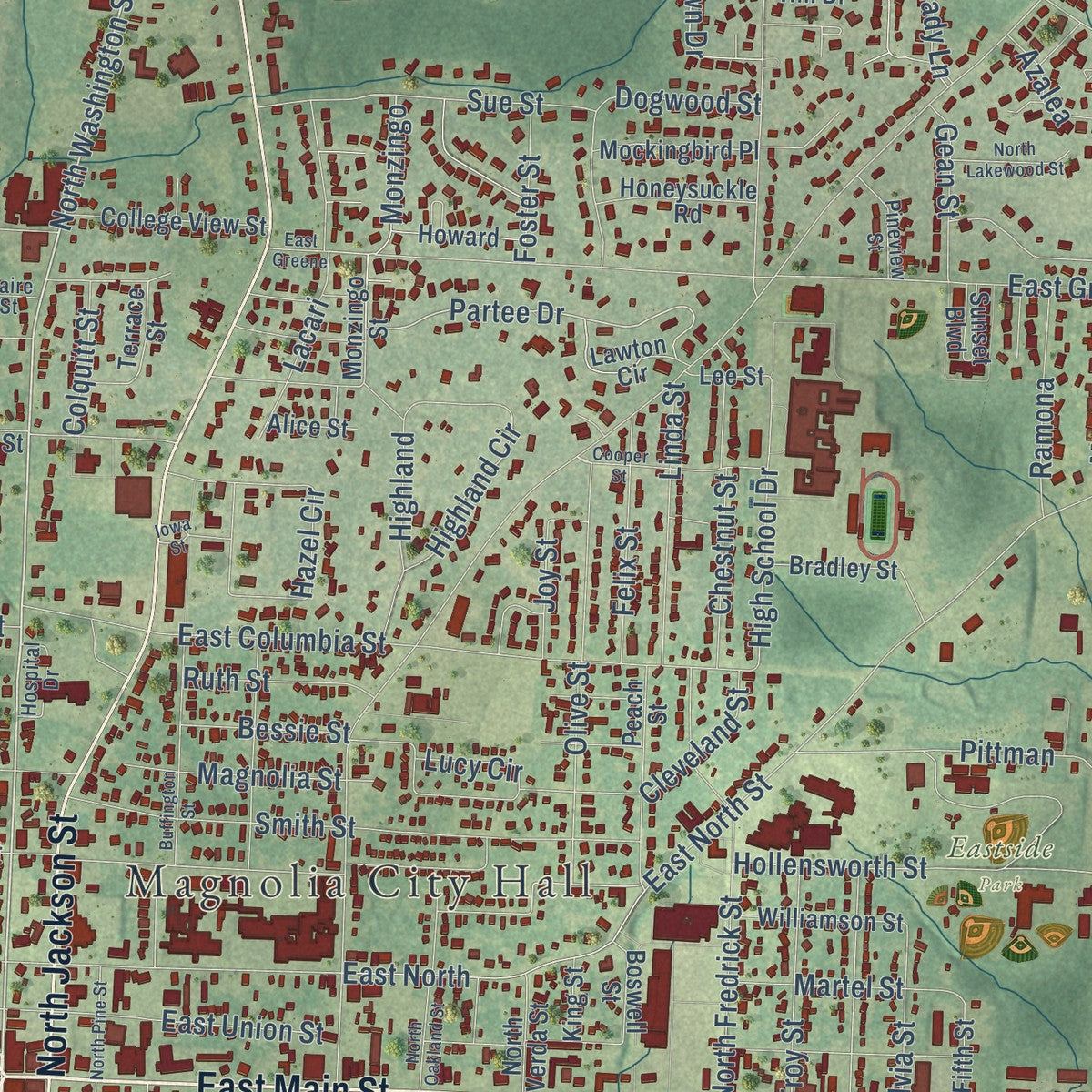 Close-up of the map of Magnolia, Arkansas print showing street and building detail