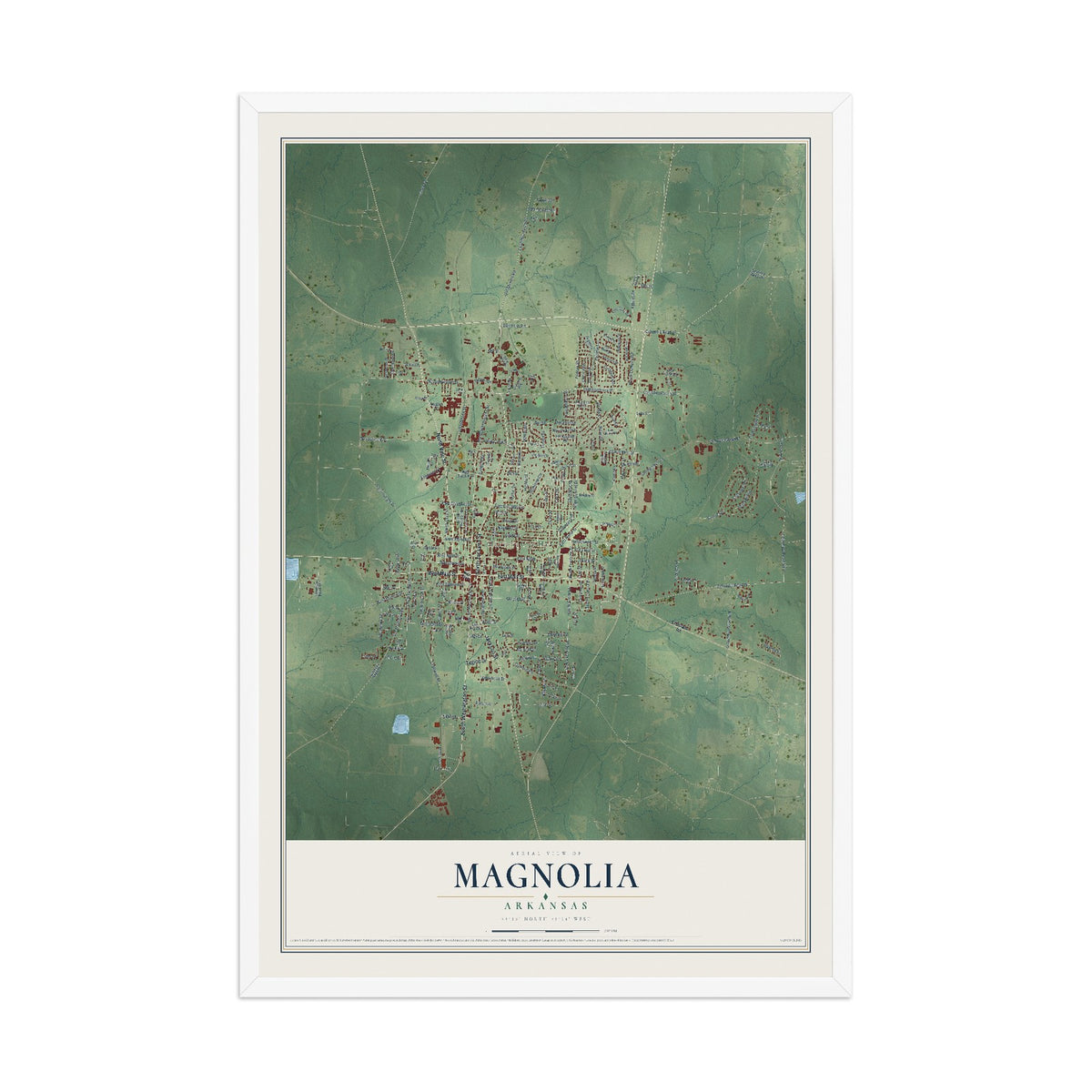 Map of Magnolia, Arkansas, 12 x 18 inch print in a white wood frame