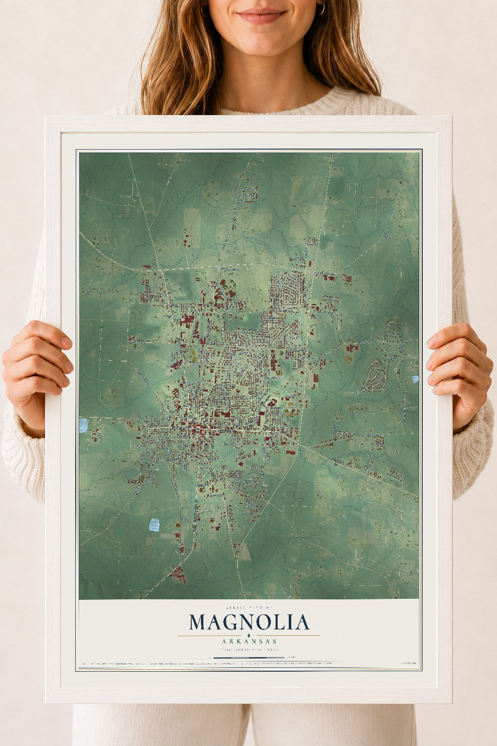 Map of Magnolia, Arkansas, 18 x 24 inch print in a white wood frame