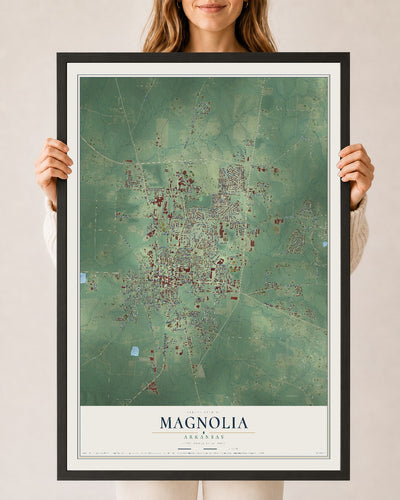 Map of Magnolia, Arkansas, 24 x 36 inch print in a black wood frame