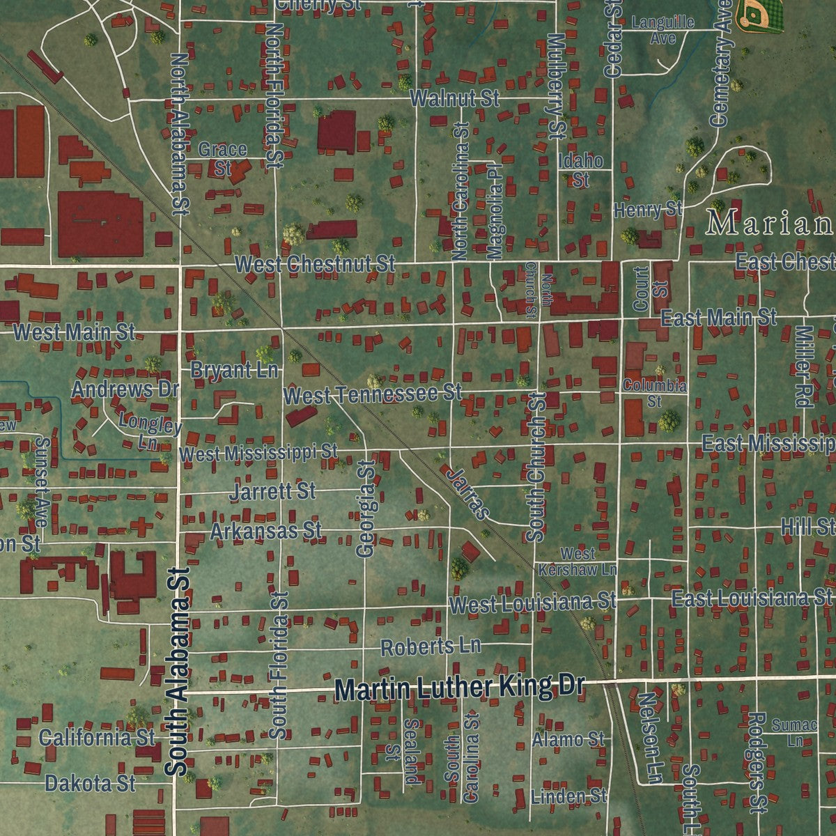 Close-up of the map of Marianna, Arkansas print showing street and building detail