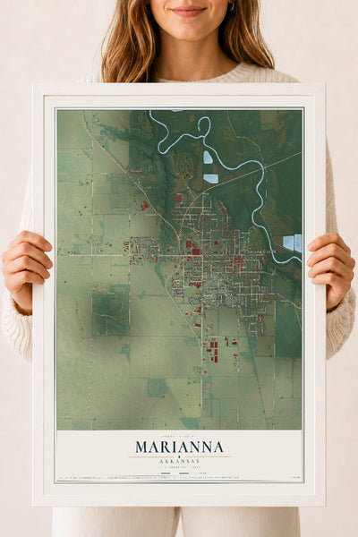 Map of Marianna, Arkansas, 18 x 24 inch print in a white wood frame