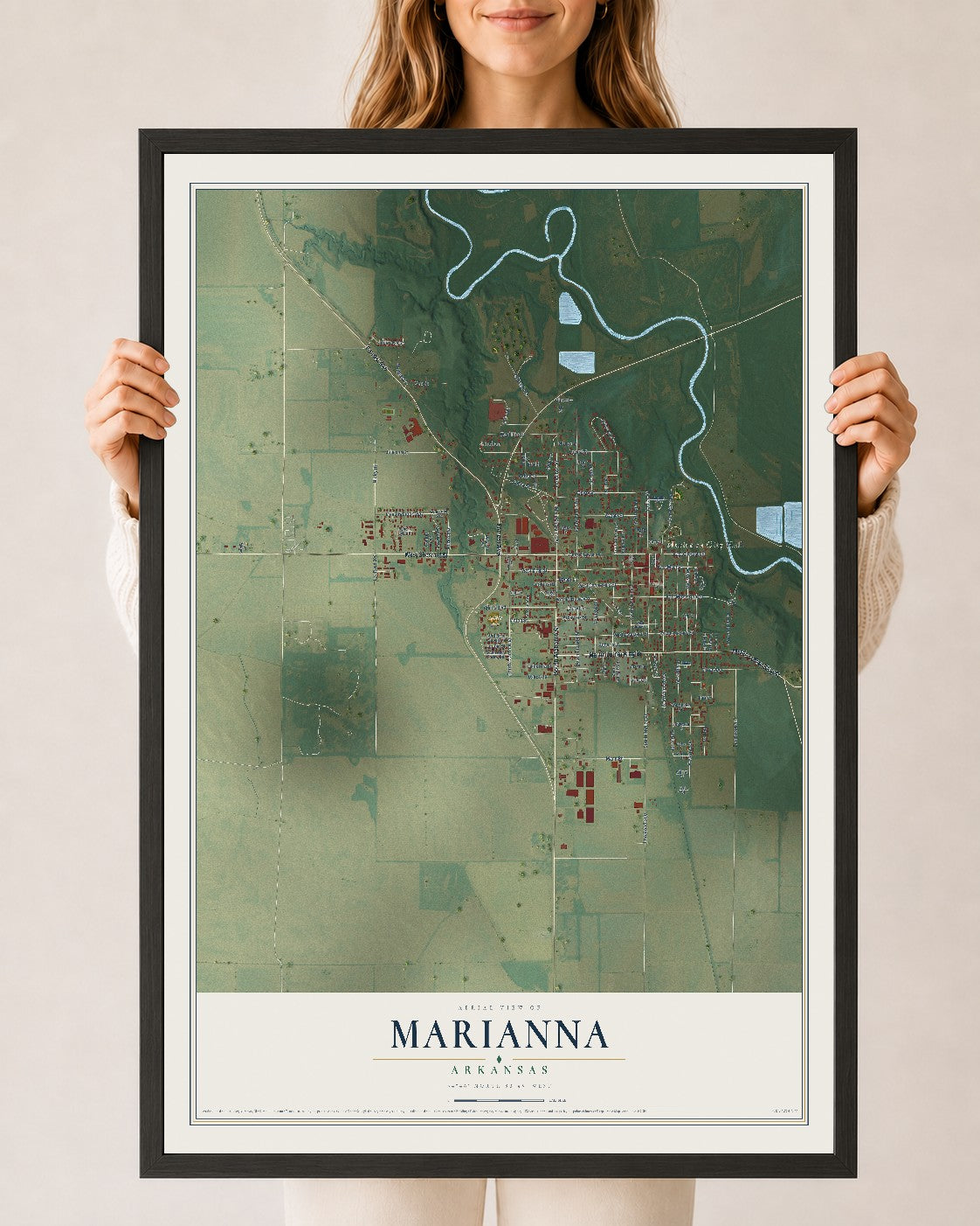 Map of Marianna, Arkansas, 24 x 36 inch print in a black wood frame
