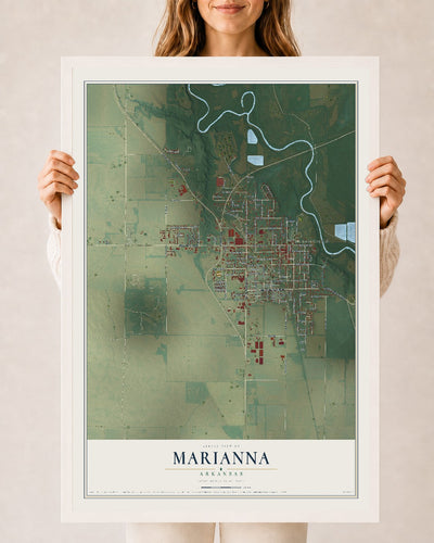 Map of Marianna, Arkansas, 24 x 36 inch print in a white wood frame