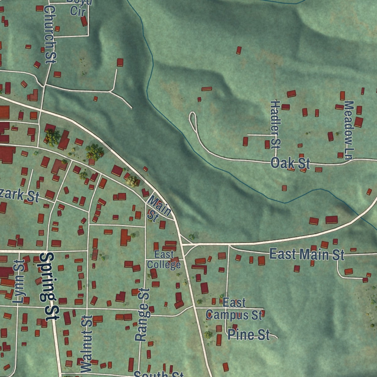 Close-up of the map of Marshall, Arkansas print showing street and building detail