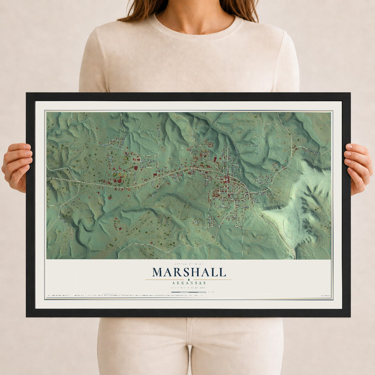 Map of Marshall, Arkansas, 12 x 18 inch print in a black wood frame