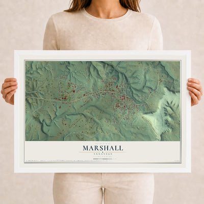 Map of Marshall, Arkansas, 12 x 18 inch print in a white wood frame