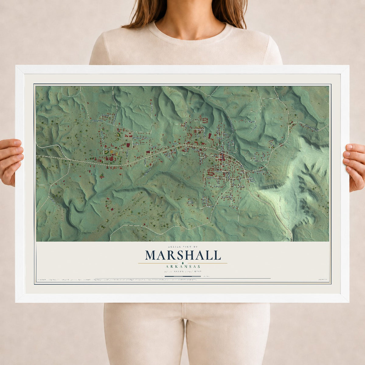 Map of Marshall, Arkansas, 18 x 24 inch print in a white wood frame