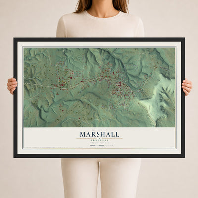 Map of Marshall, Arkansas, 24 x 36 inch print in a black wood frame