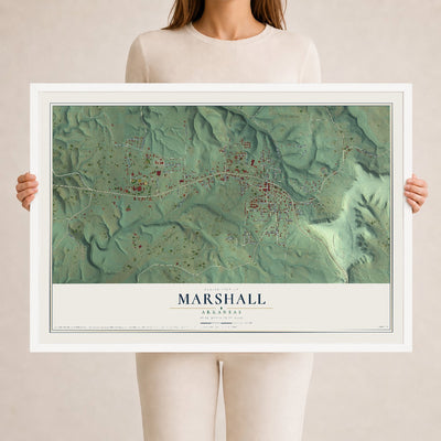 Map of Marshall, Arkansas, 24 x 36 inch print in a white wood frame