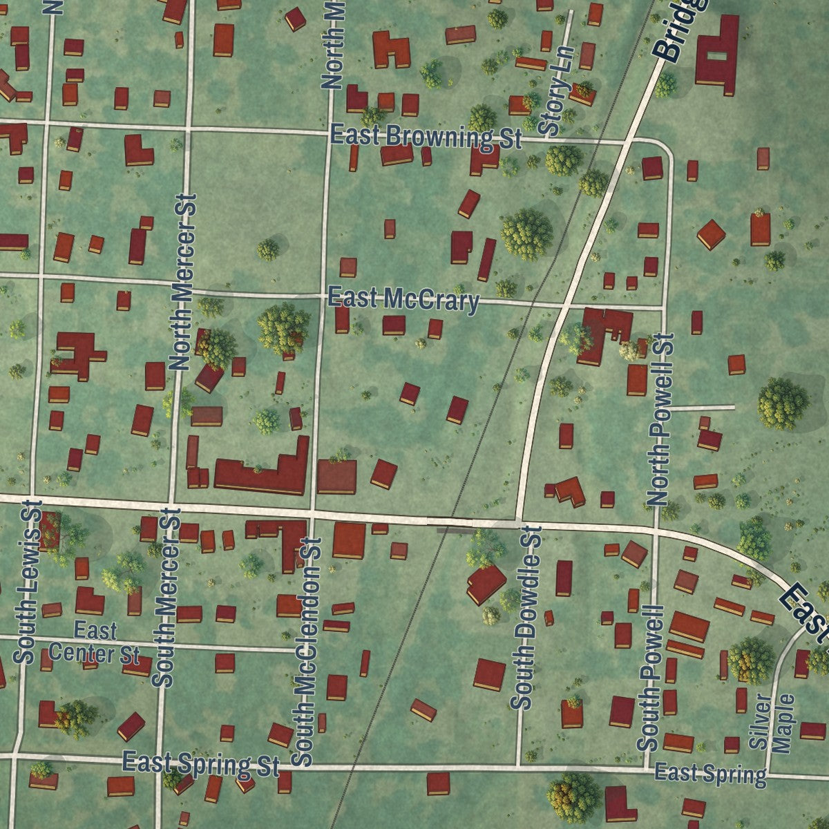 Close-up of the map of Mineral Springs, Arkansas print showing street and building detail