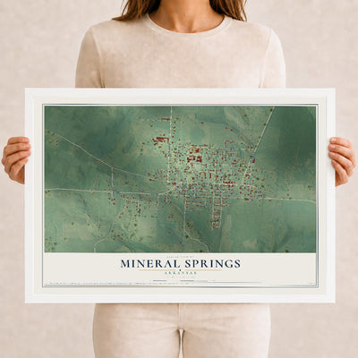 Map of Mineral Springs, Arkansas, 12 x 18 inch print in a white wood frame