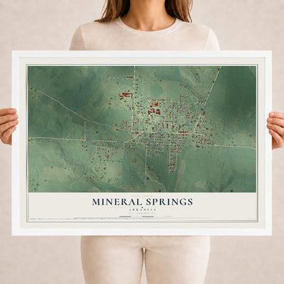 Map of Mineral Springs, Arkansas, 18 x 24 inch print in a white wood frame