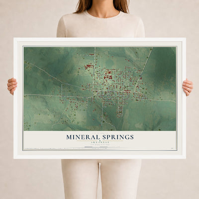 Map of Mineral Springs, Arkansas, 24 x 36 inch print in a white wood frame