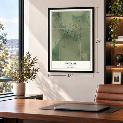 Monroe, Arkansas map, 18 x 24 inch print in a black frame in a home office