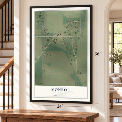 Monroe, Arkansas map, 24 x 36 inch print in a black frame by a staircase