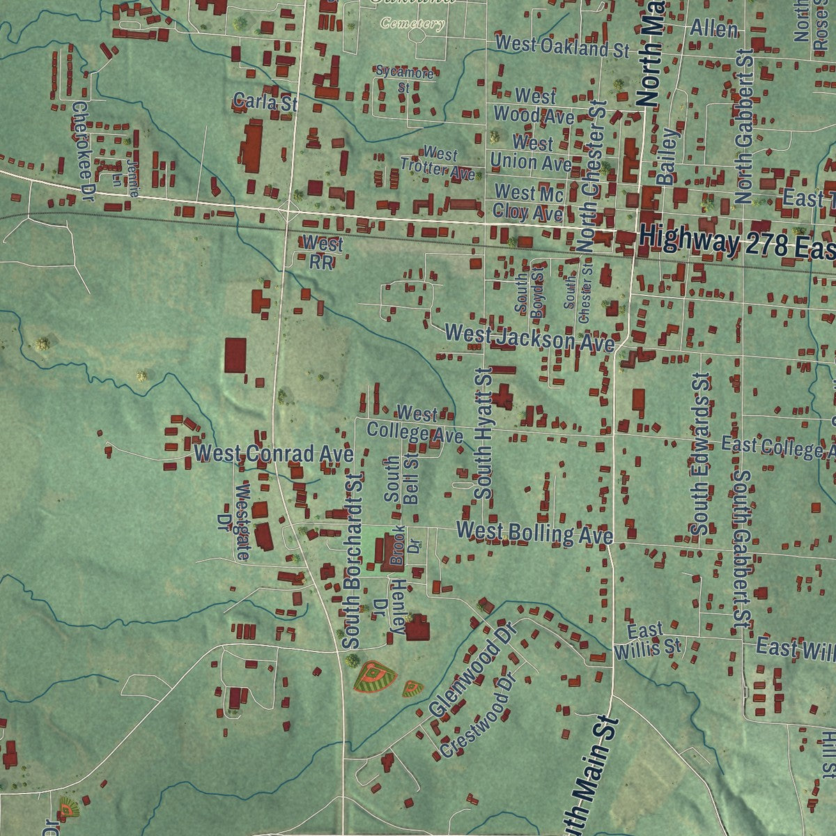 Close-up of the map of Monticello, Arkansas print showing street and building detail