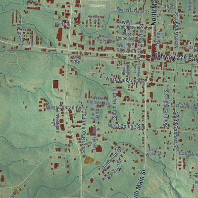 Close-up of the map of Monticello, Arkansas print showing street and building detail