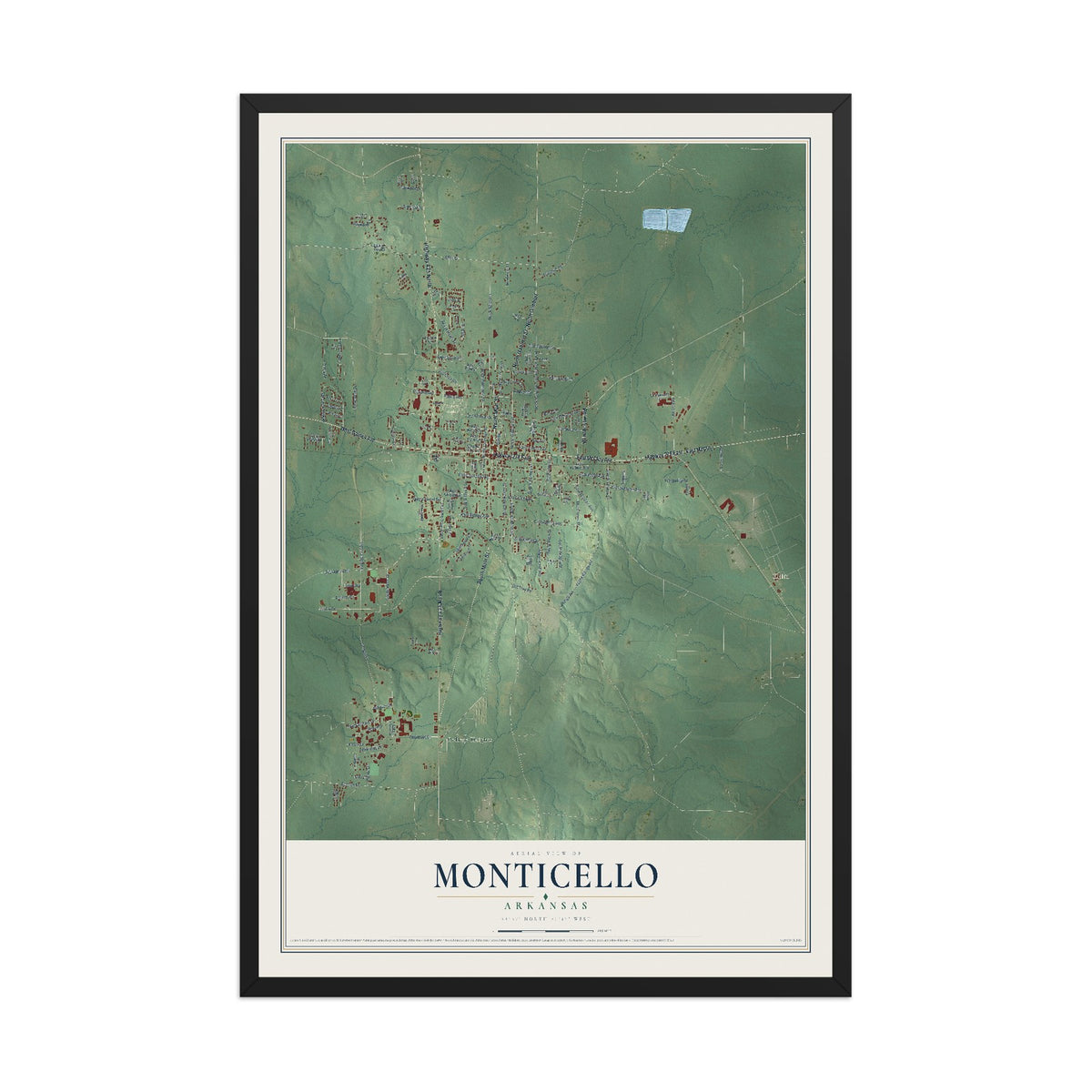 Map of Monticello, Arkansas, 12 x 18 inch print in a black wood frame