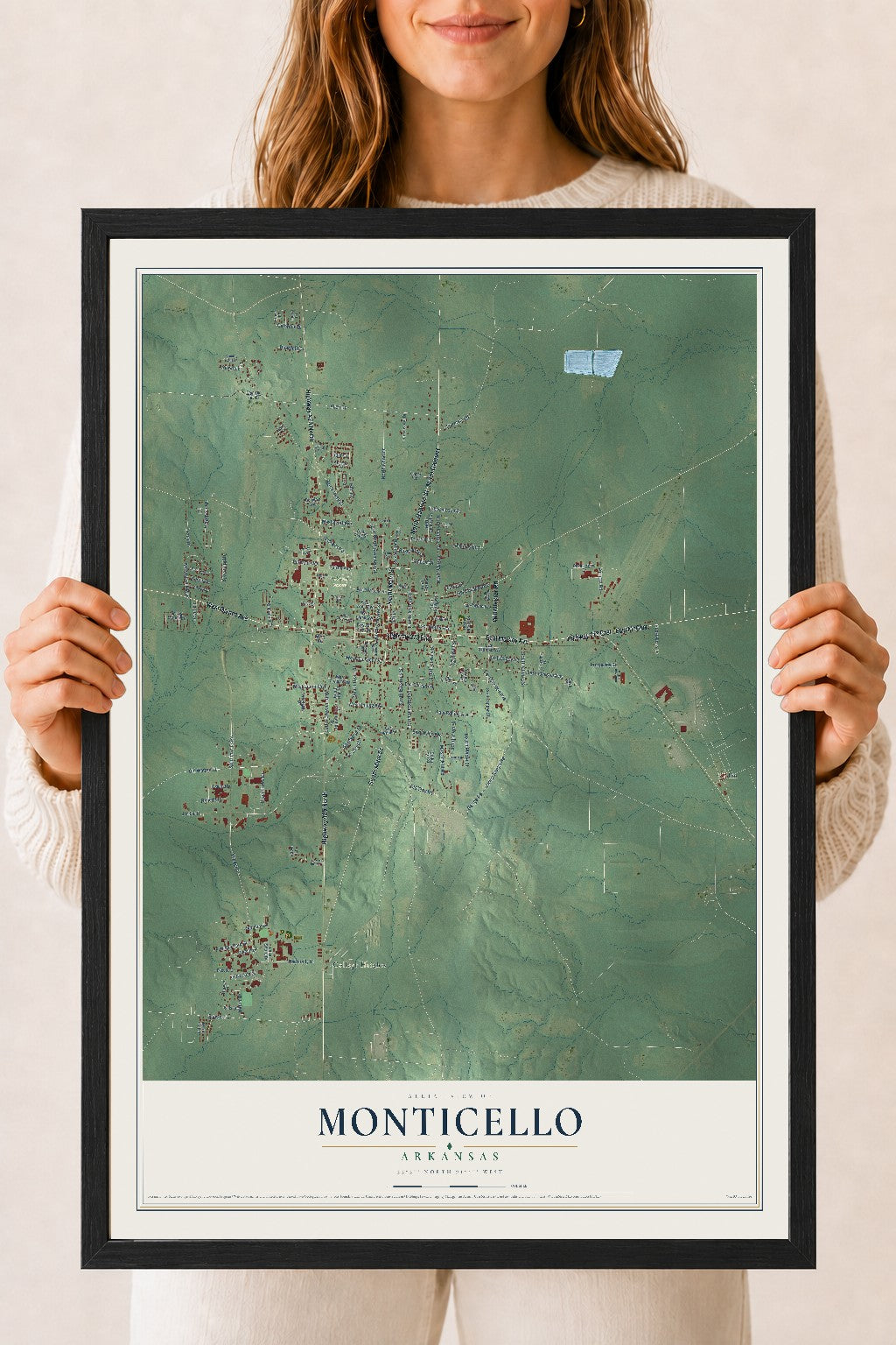 Map of Monticello, Arkansas, 18 x 24 inch print in a black wood frame