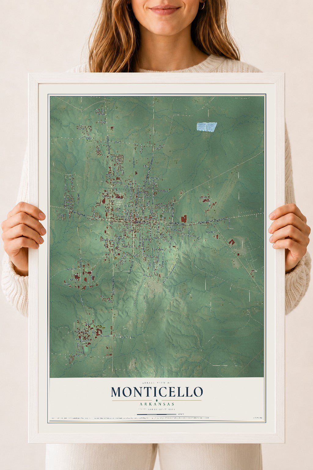 Map of Monticello, Arkansas, 18 x 24 inch print in a white wood frame