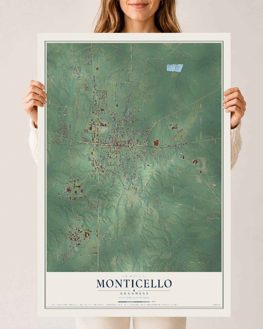 Map of Monticello, Arkansas, 24 x 36 inch unframed archival matte print