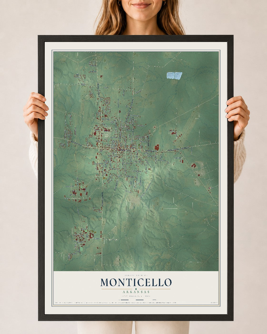 Map of Monticello, Arkansas, 24 x 36 inch print in a black wood frame