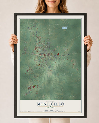 Map of Monticello, Arkansas, 24 x 36 inch print in a black wood frame