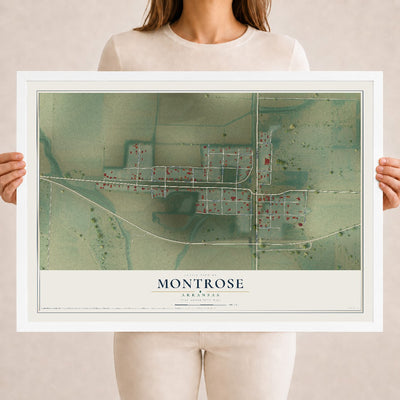 Map of Montrose, Arkansas, 18 x 24 inch print in a white wood frame
