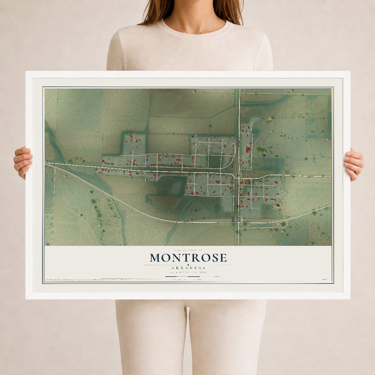 Map of Montrose, Arkansas, 24 x 36 inch print in a white wood frame