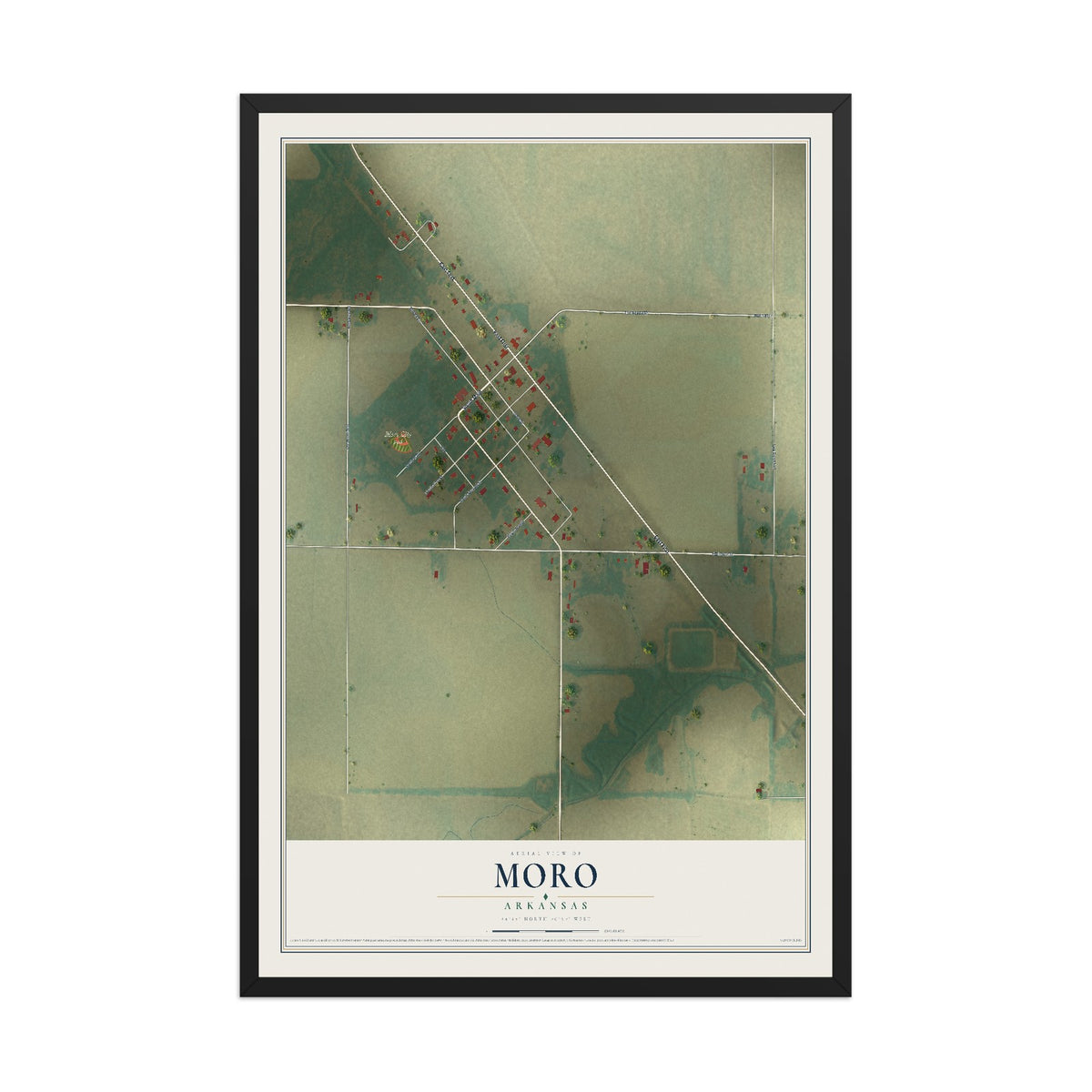 Map of Moro, Arkansas, 12 x 18 inch print in a black wood frame