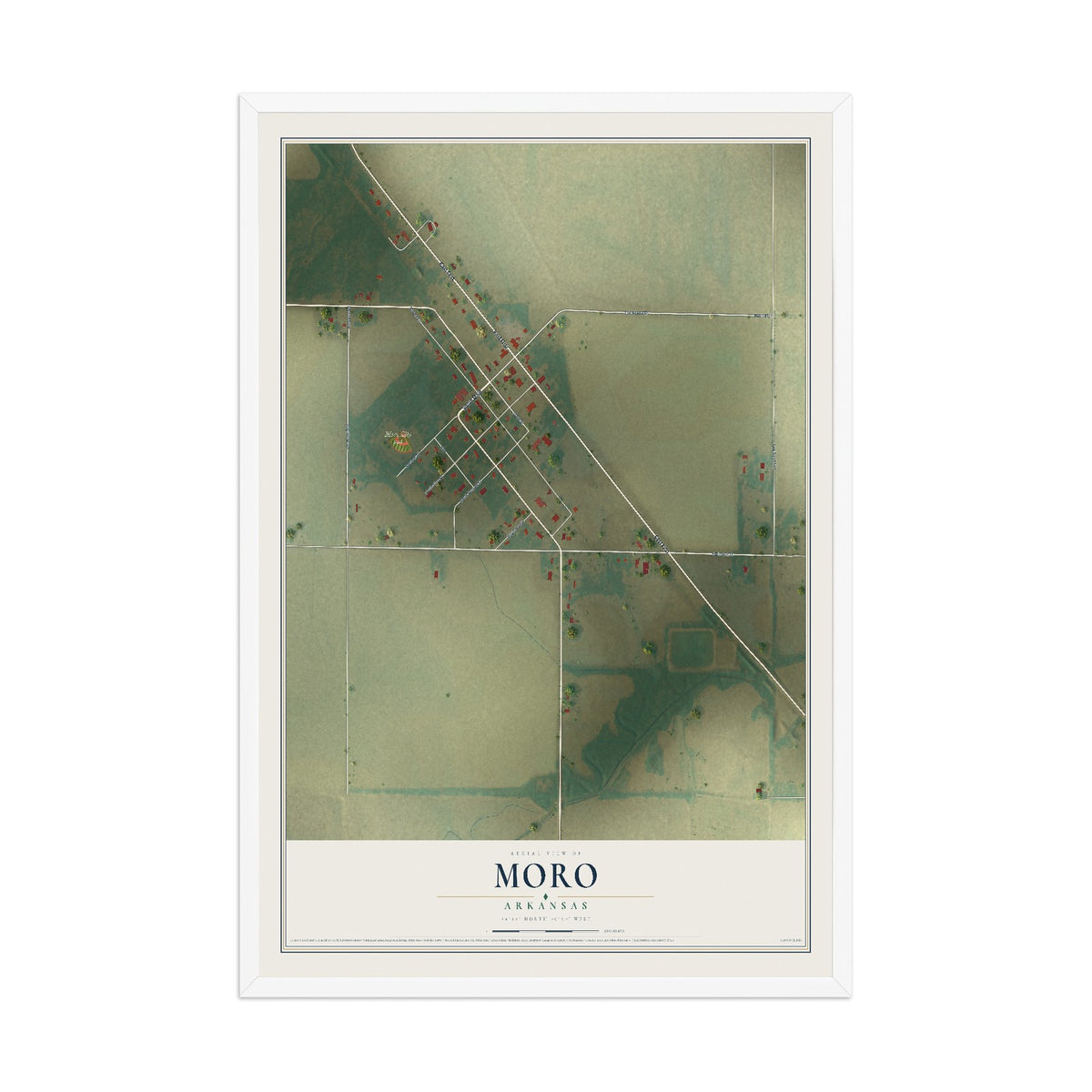 Map of Moro, Arkansas, 12 x 18 inch print in a white wood frame