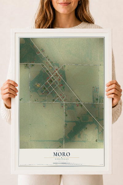 Map of Moro, Arkansas, 18 x 24 inch print in a white wood frame