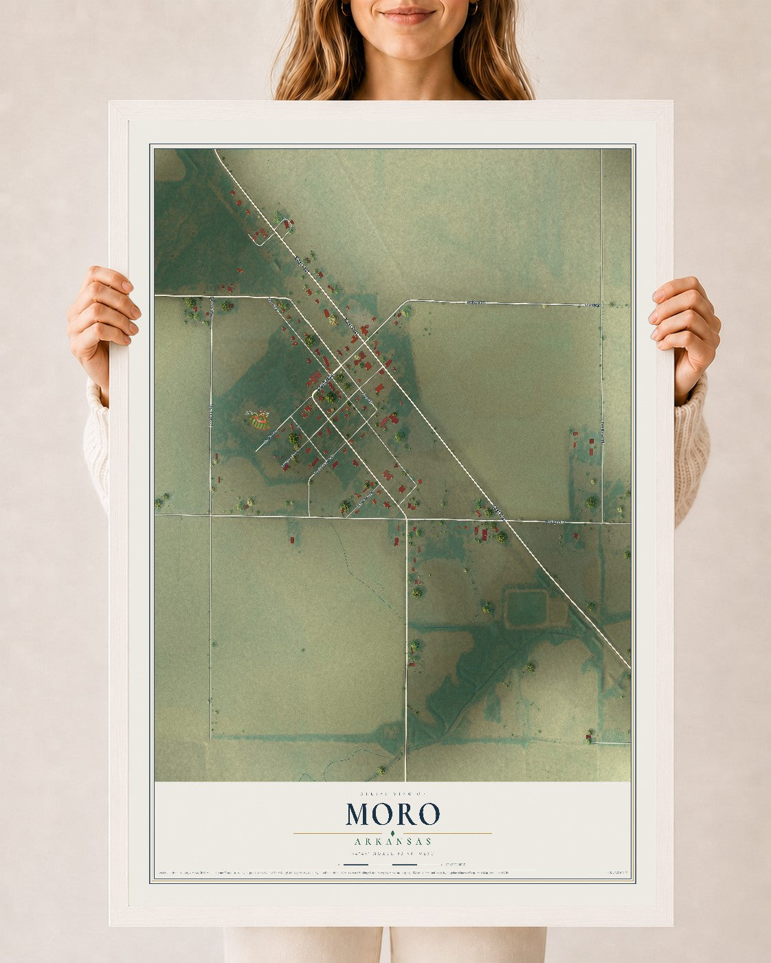 Map of Moro, Arkansas, 24 x 36 inch print in a white wood frame