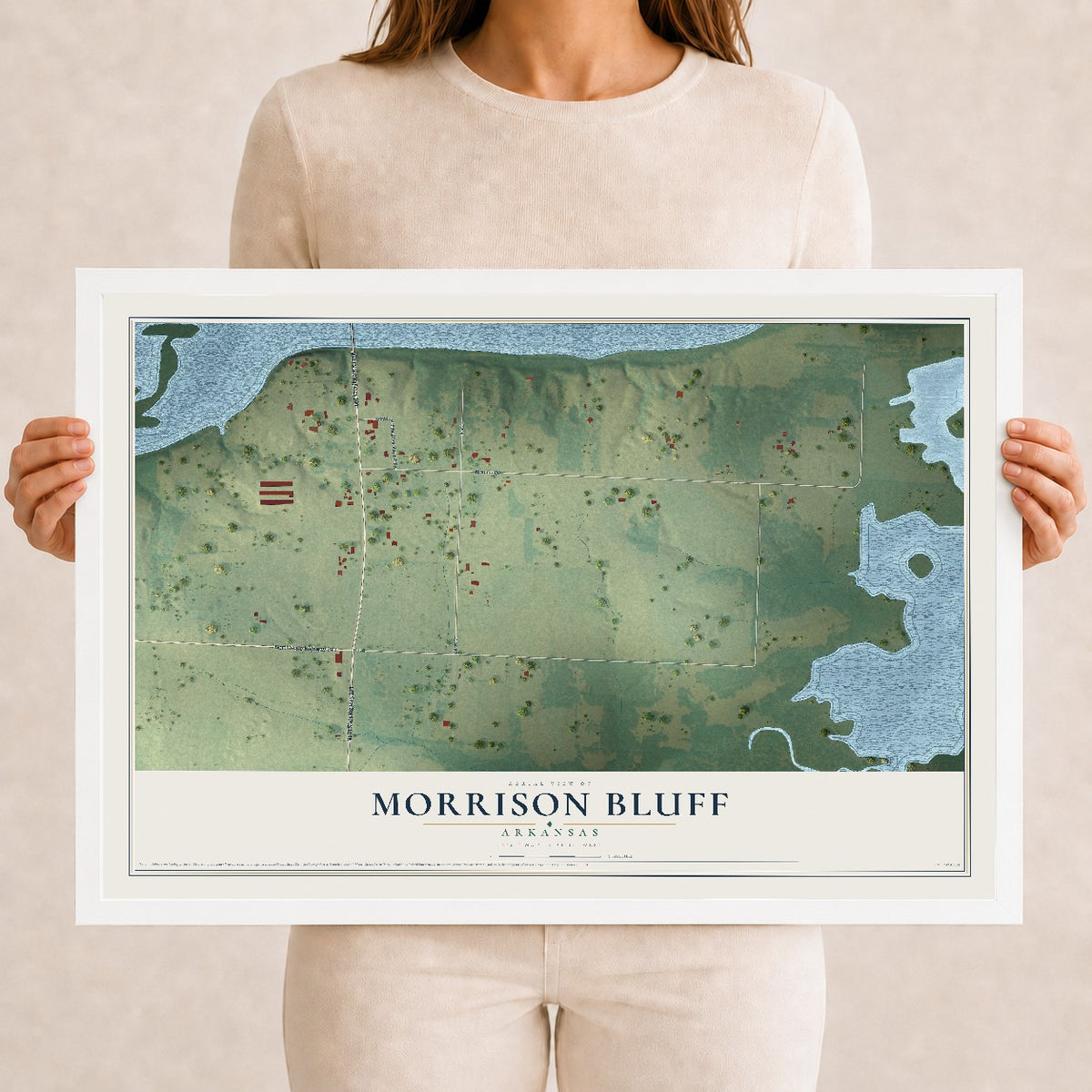 Map of Morrison Bluff, Arkansas, 12 x 18 inch print in a white wood frame