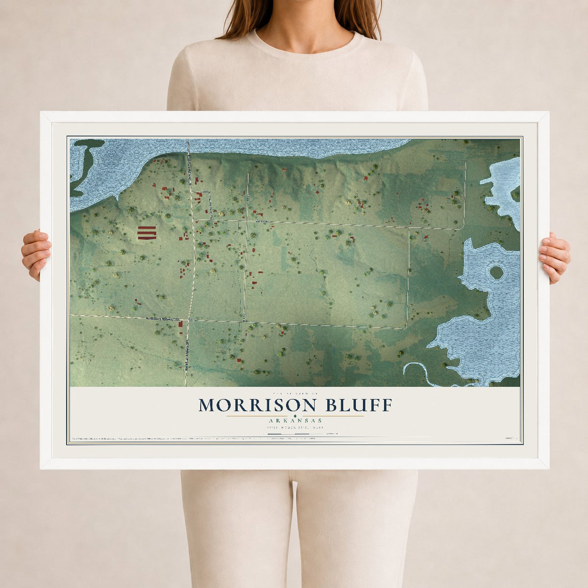 Map of Morrison Bluff, Arkansas, 24 x 36 inch print in a white wood frame