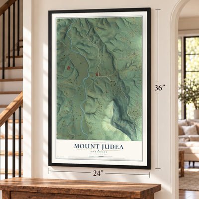 Mount Judea, Arkansas map, 24 x 36 inch print in a black frame by a staircase