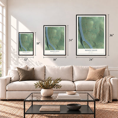 Mount Olive, Arkansas map in 12 x 18, 18 x 24 and 24 x 36 inch sizes above a sofa