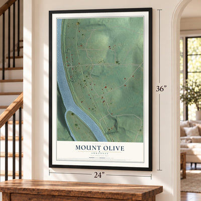 Mount Olive, Arkansas map, 24 x 36 inch print in a black frame by a staircase