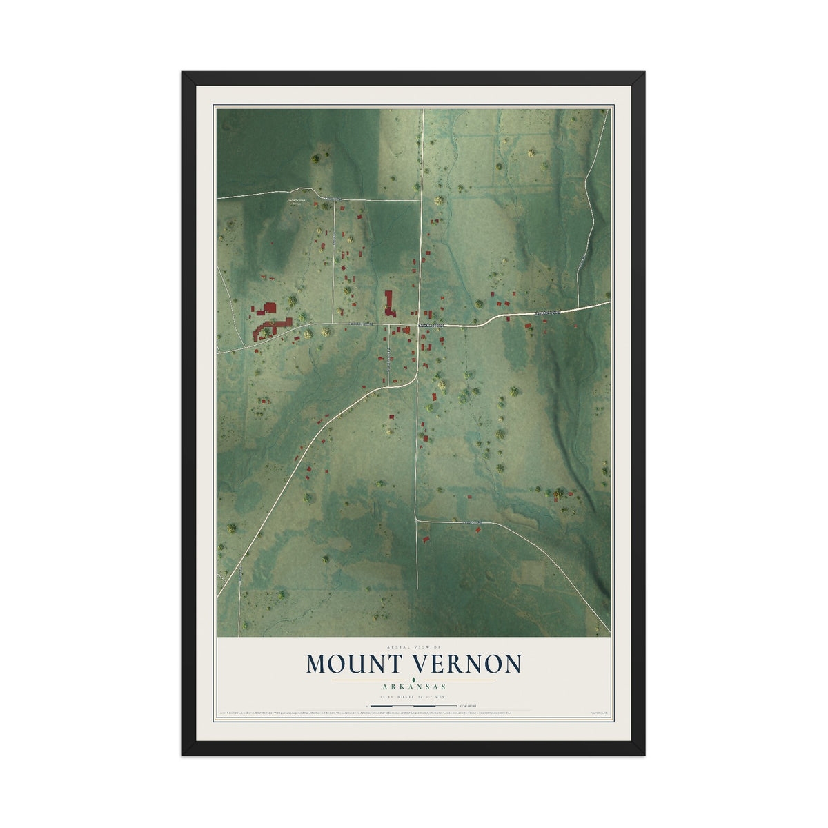 Map of Mount Vernon, Arkansas, 12 x 18 inch print in a black wood frame