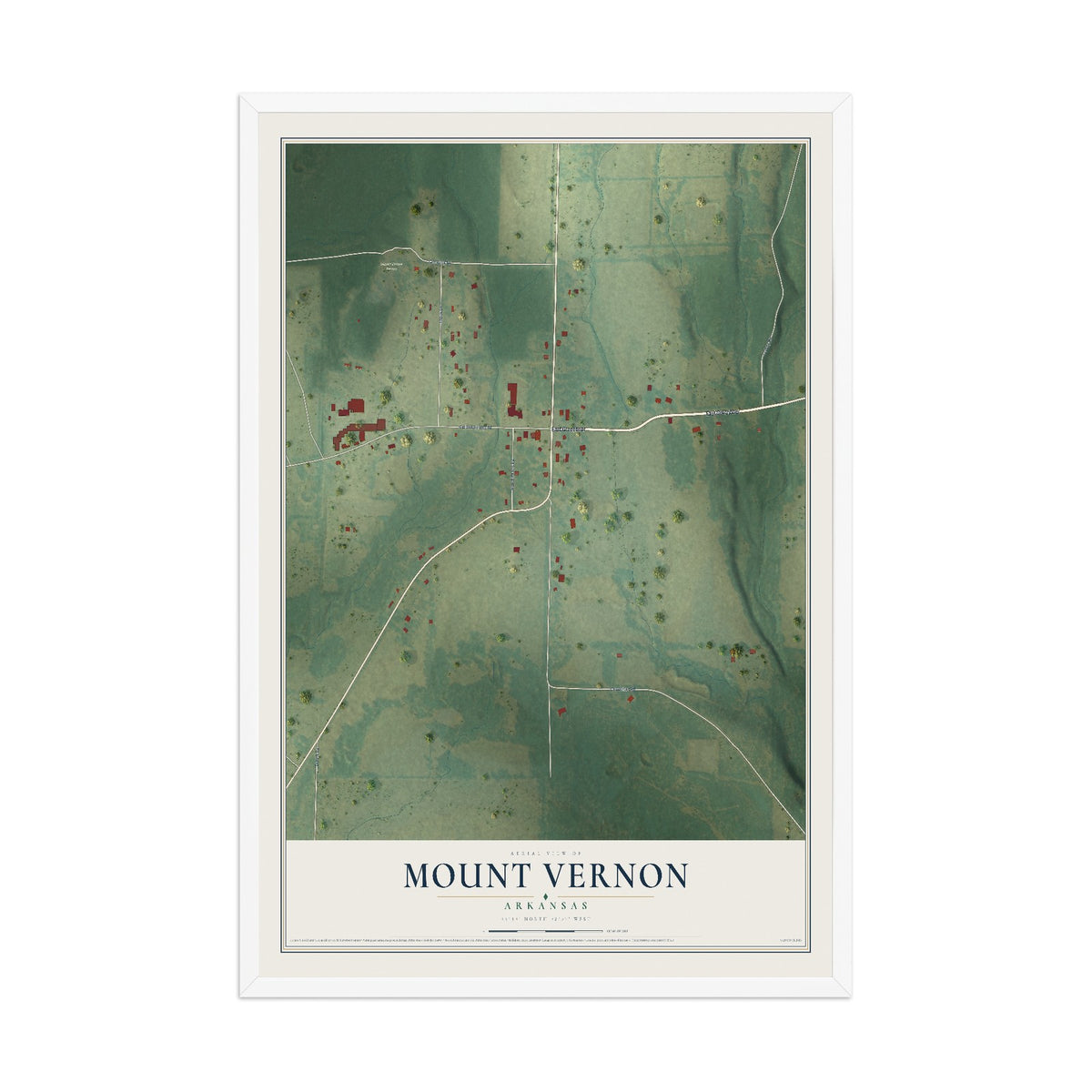 Map of Mount Vernon, Arkansas, 12 x 18 inch print in a white wood frame