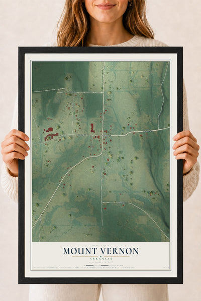 Map of Mount Vernon, Arkansas, 18 x 24 inch print in a black wood frame
