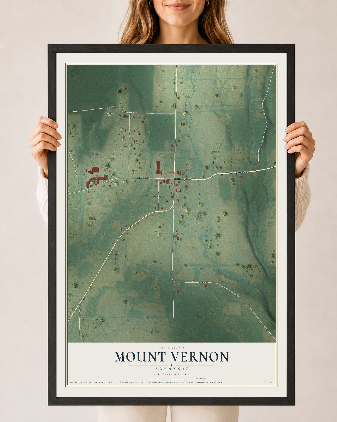Map of Mount Vernon, Arkansas, 24 x 36 inch print in a black wood frame