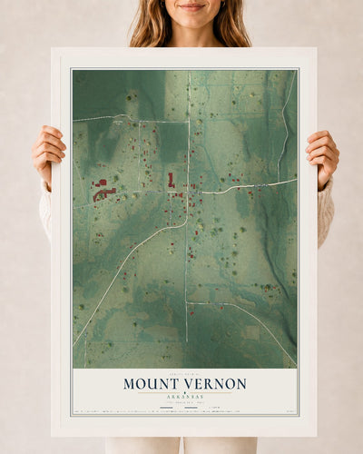 Map of Mount Vernon, Arkansas, 24 x 36 inch print in a white wood frame
