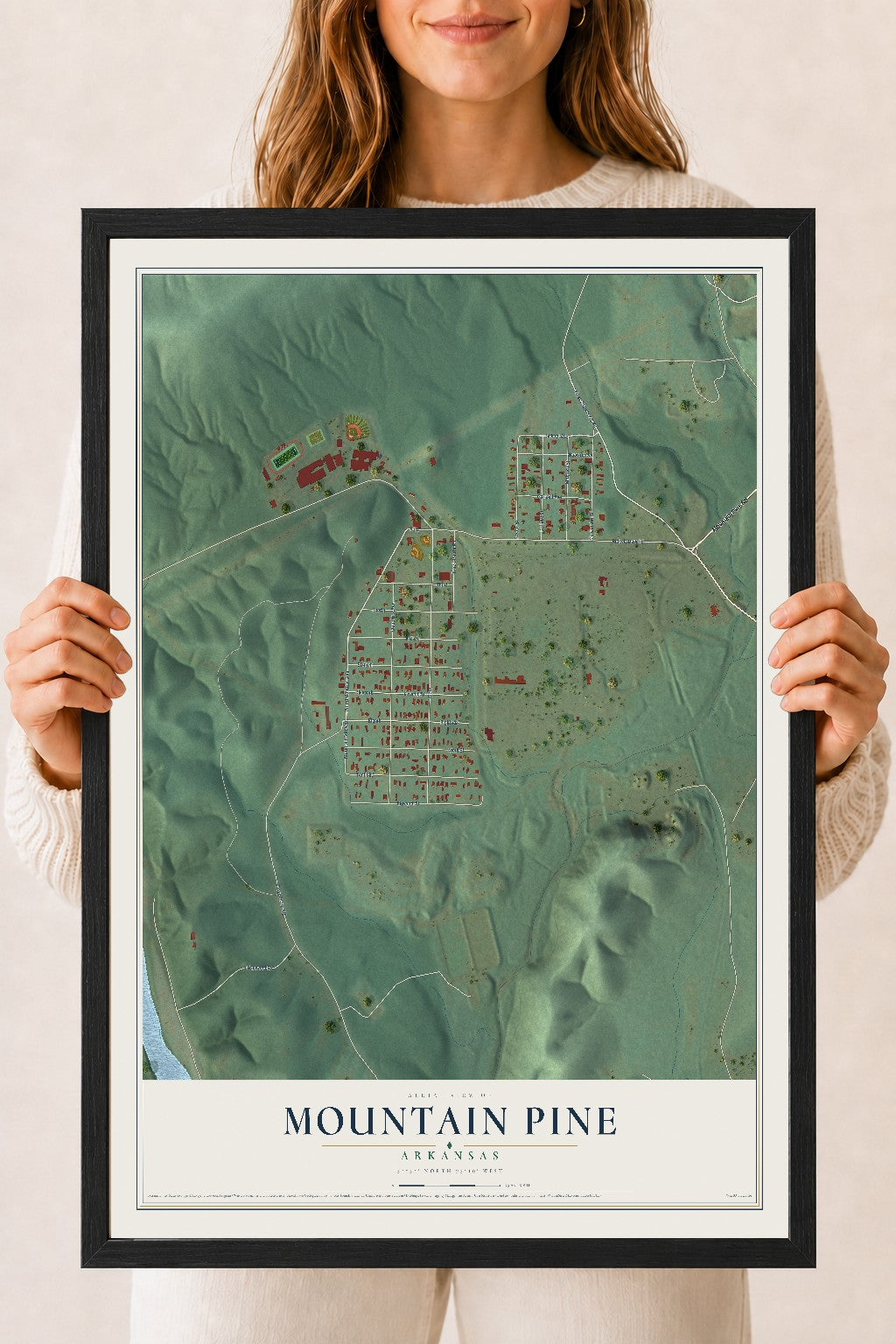 Map of Mountain Pine, Arkansas, 18 x 24 inch print in a black wood frame