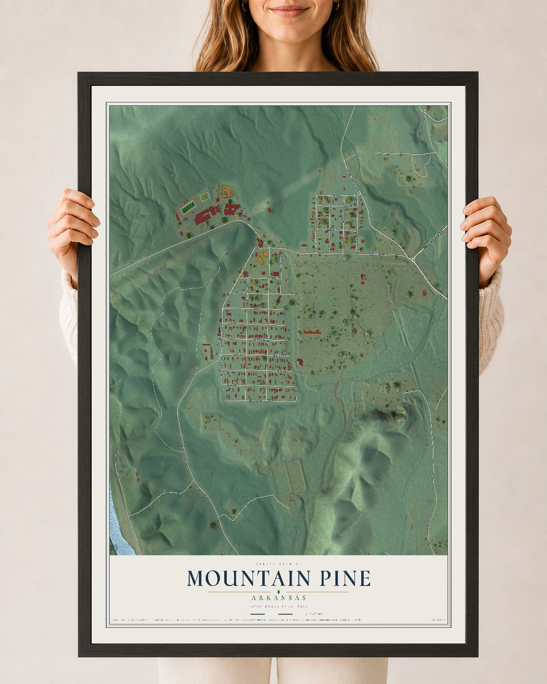 Map of Mountain Pine, Arkansas, 24 x 36 inch print in a black wood frame