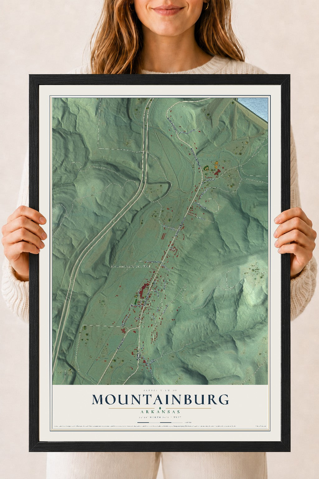 Map of Mountainburg, Arkansas, 18 x 24 inch print in a black wood frame