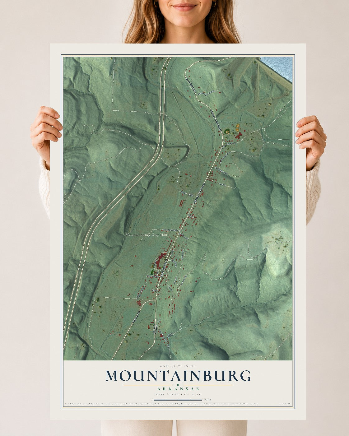 Map of Mountainburg, Arkansas, 24 x 36 inch unframed archival matte print
