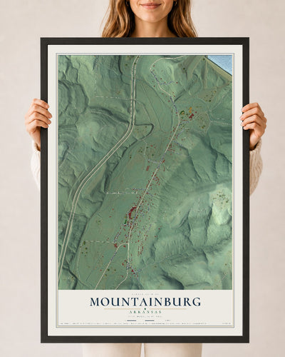 Map of Mountainburg, Arkansas, 24 x 36 inch print in a black wood frame