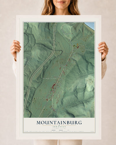 Map of Mountainburg, Arkansas, 24 x 36 inch print in a white wood frame